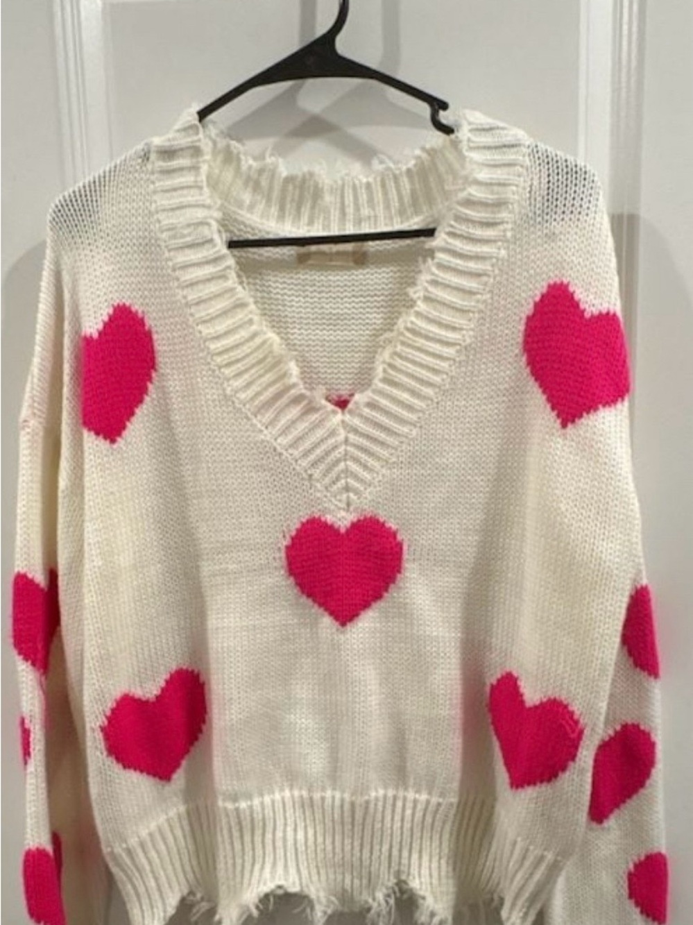 Altar'd State Cream V-Neck Sweater with Hot Pink Heart Motif
